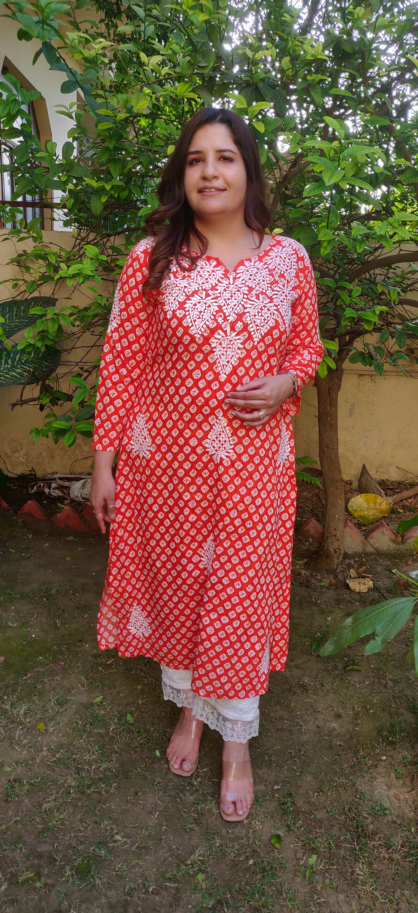 Orange Printed Cotton Chikankari Kurta