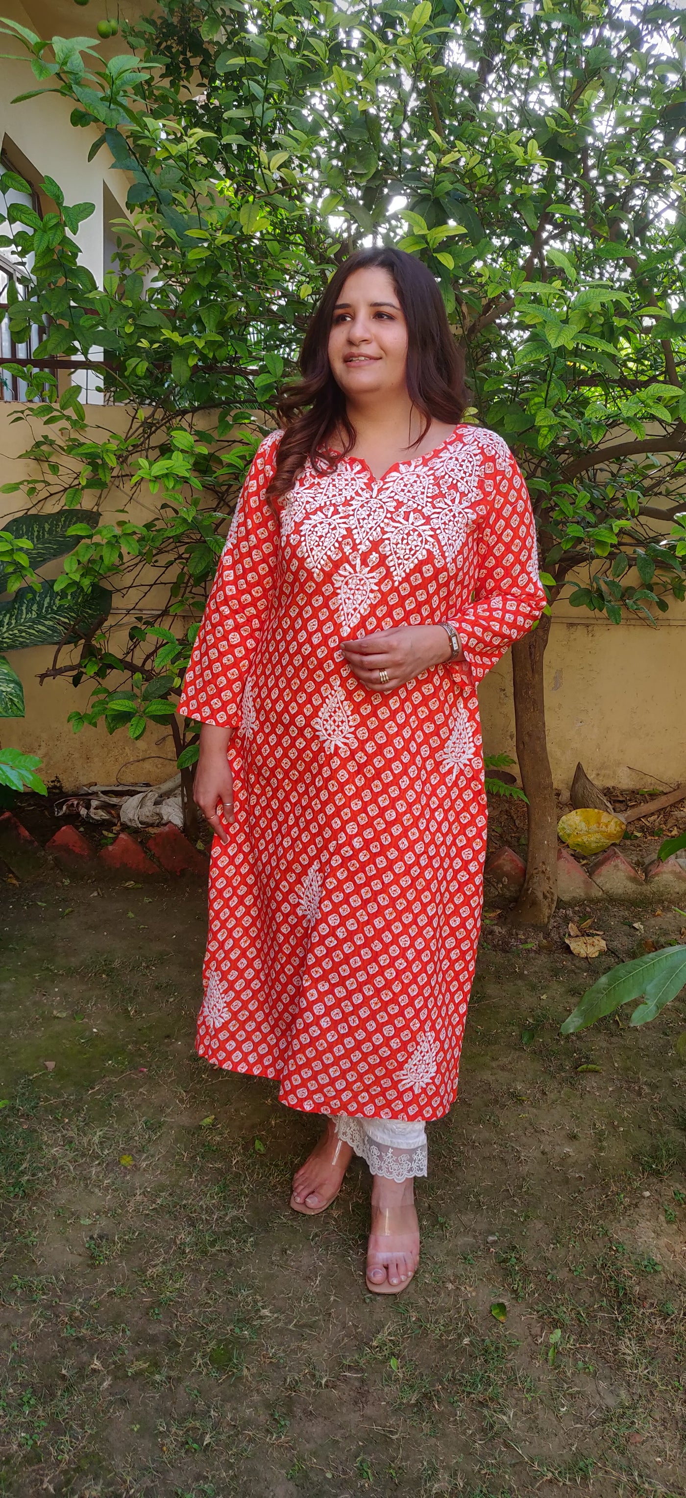 Orange Printed Cotton Chikankari Kurta