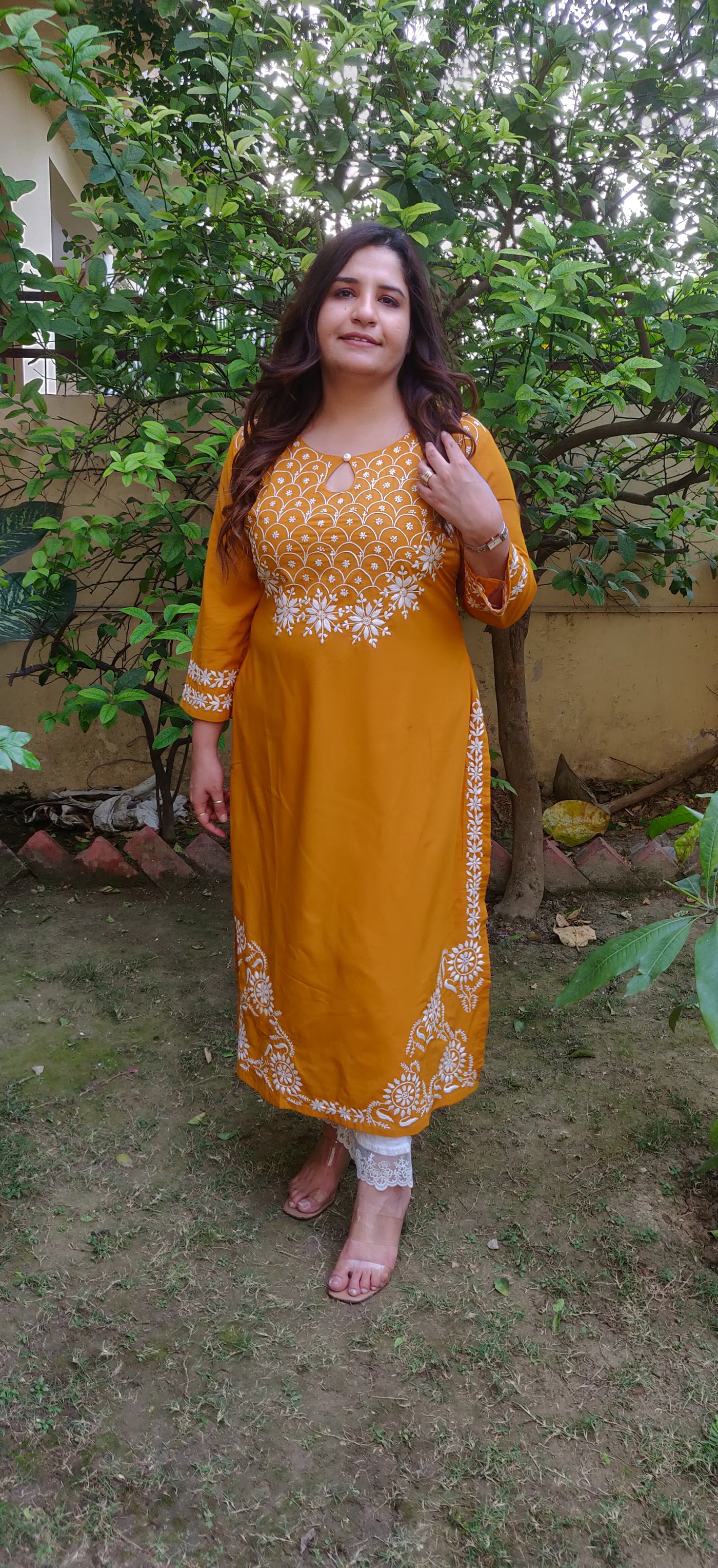 Mustard Modal Chikankari Kurta