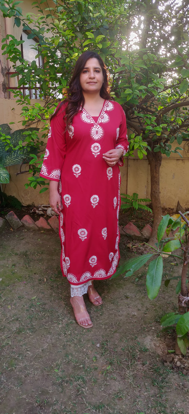 Maroon Rayon Chikankari Kurta-Custom Made