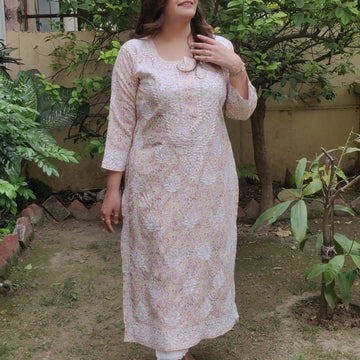 Pink Printed Cotton Chikankari Kurta