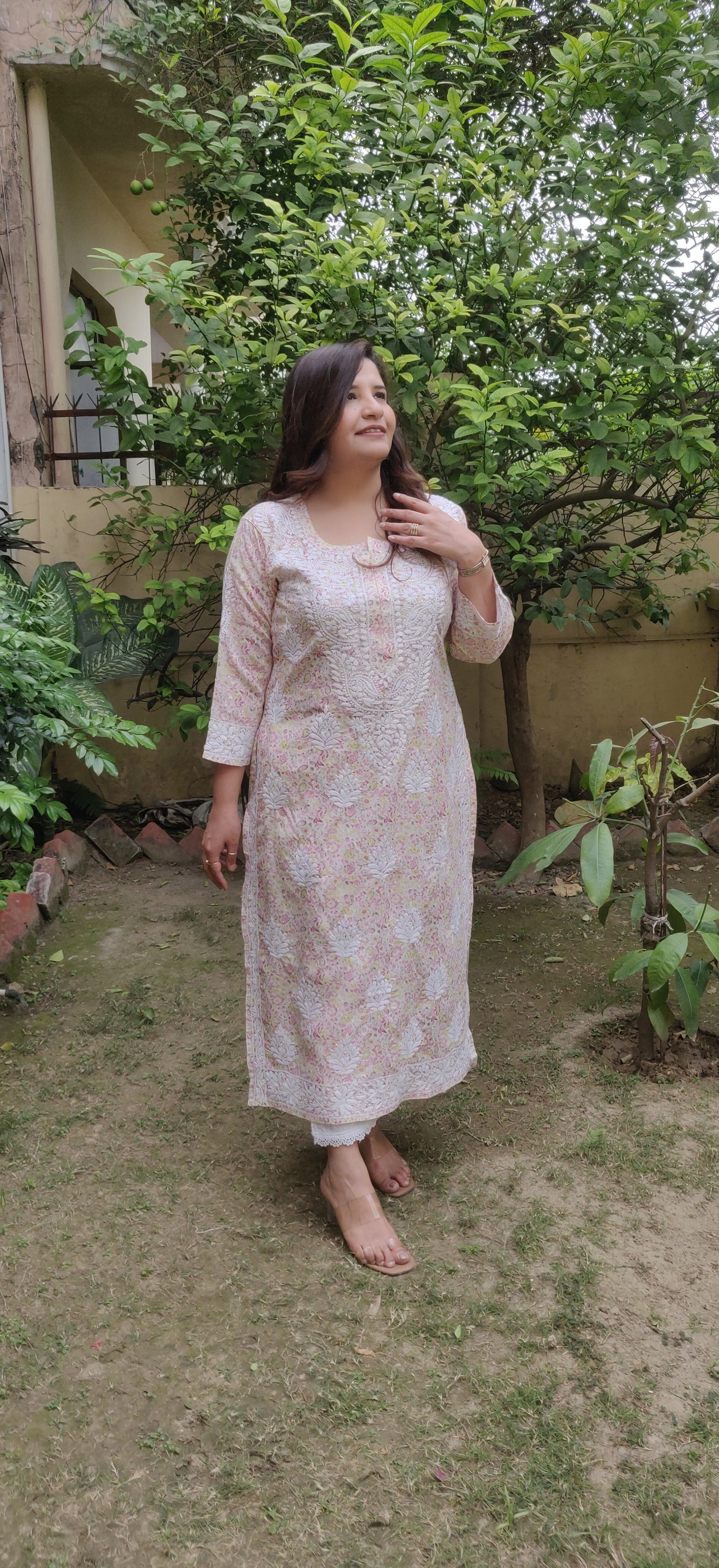 Pink Printed Cotton Chikankari Kurta