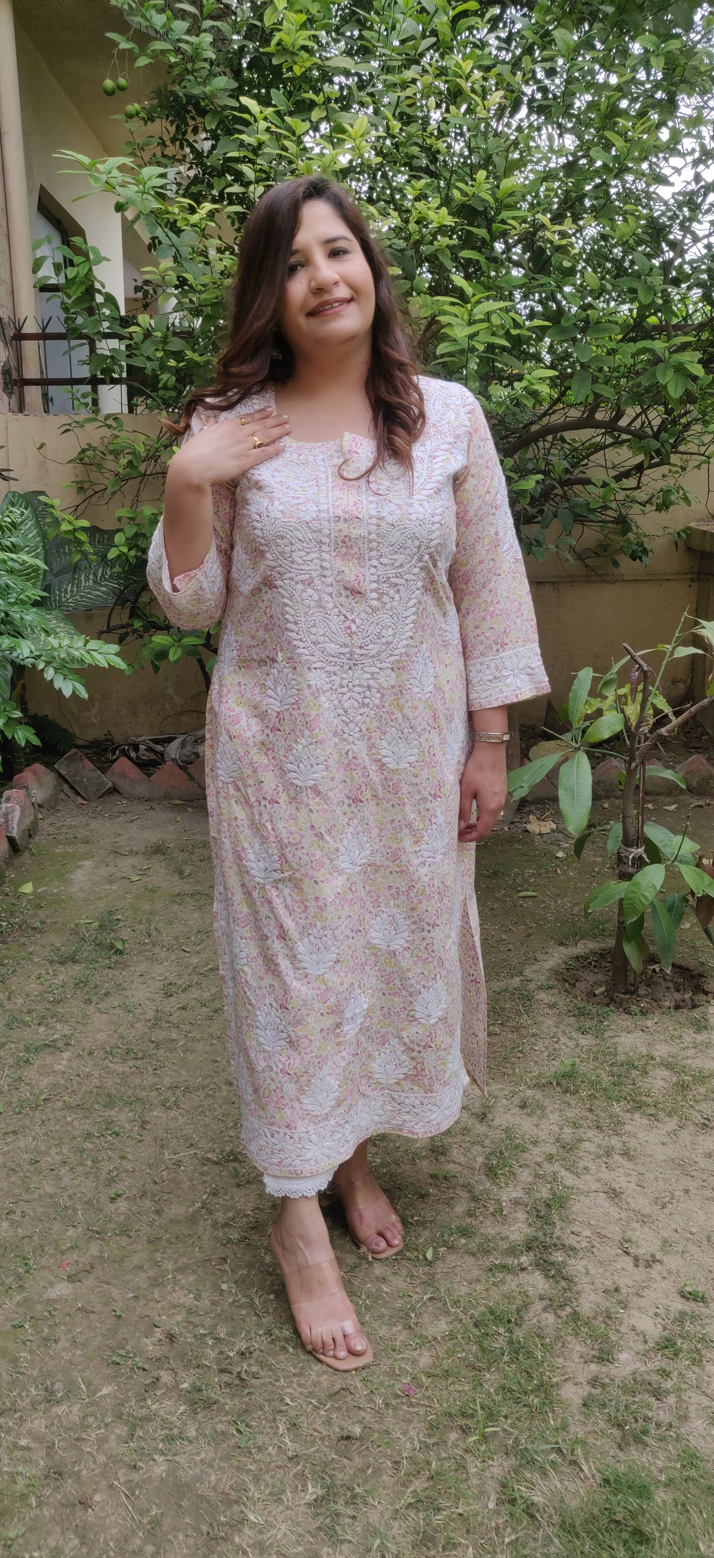 Pink Printed Cotton Chikankari Kurta