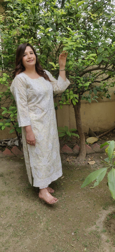 Green Printed Cotton Chikankari Kurta