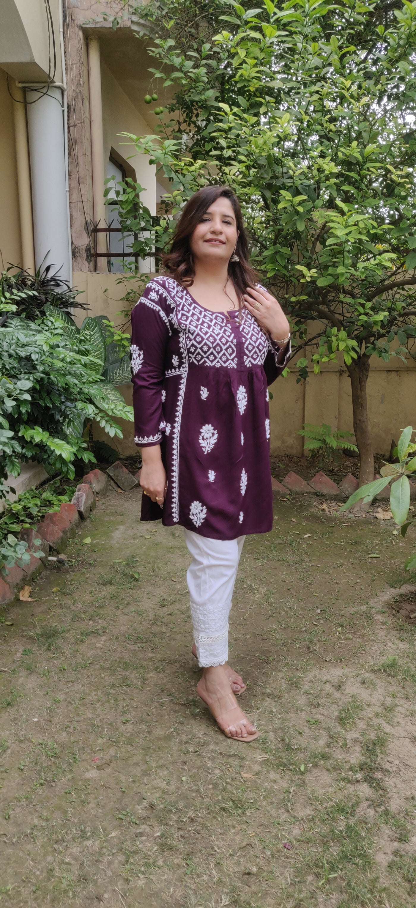 Wine Rayon Chikankari Short Kurta -Custom Made