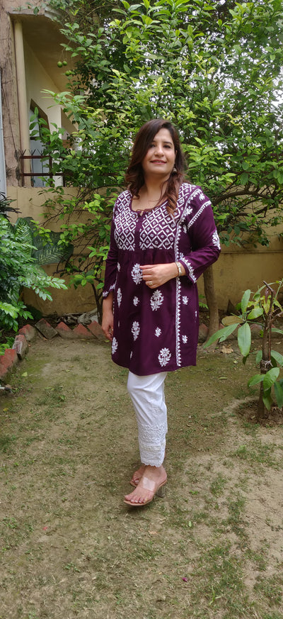 Wine Rayon Chikankari Short Kurta -Custom Made