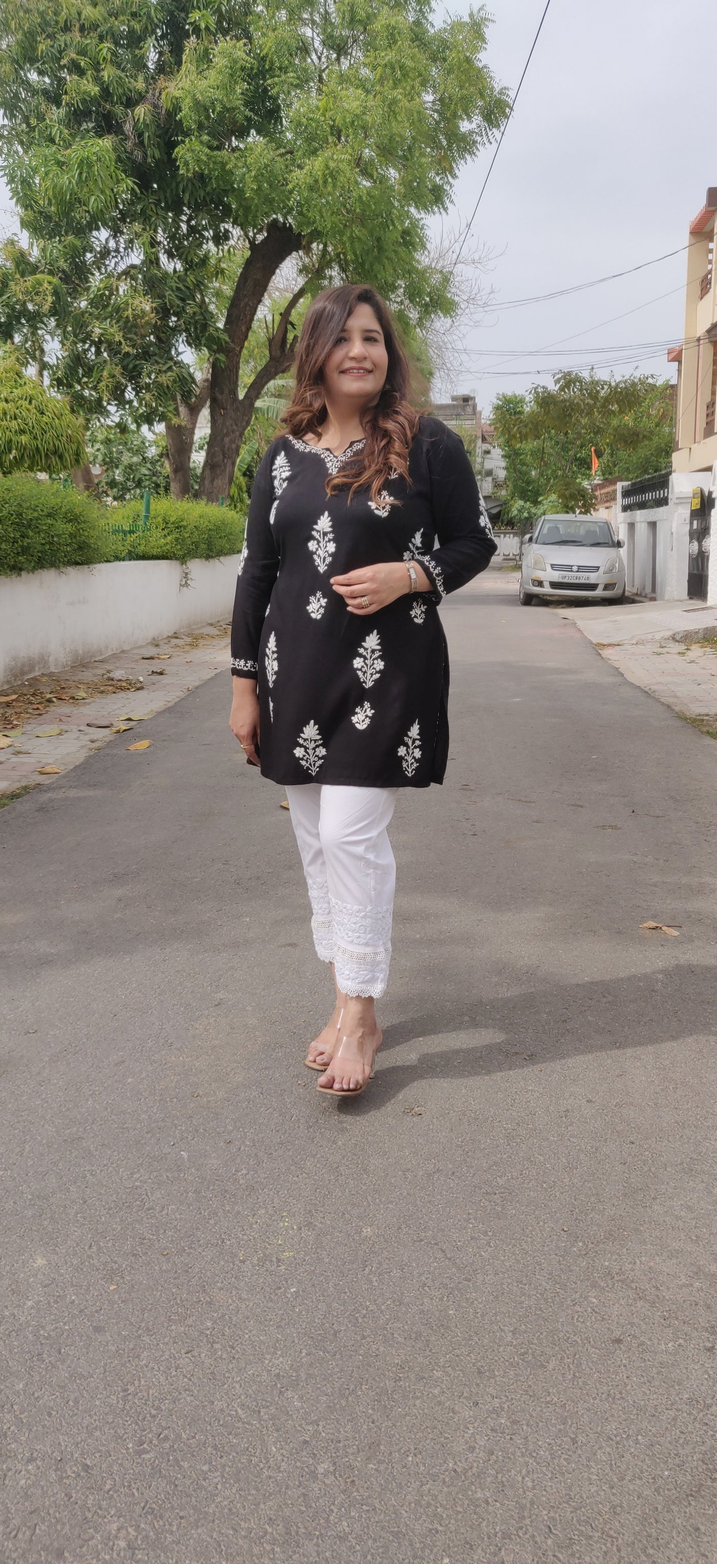 Black Modal Chikankari Short Kurta