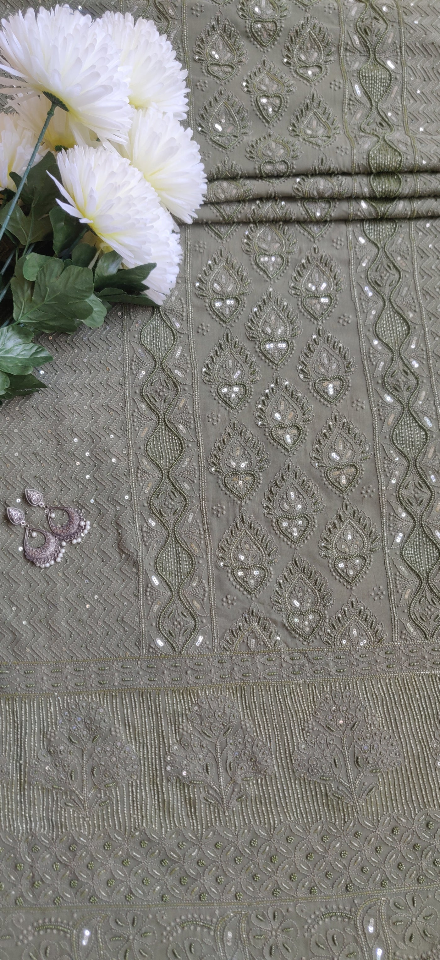 Mehndi Green Pure Georgette Chikankari Kurta Dupatta Fabric