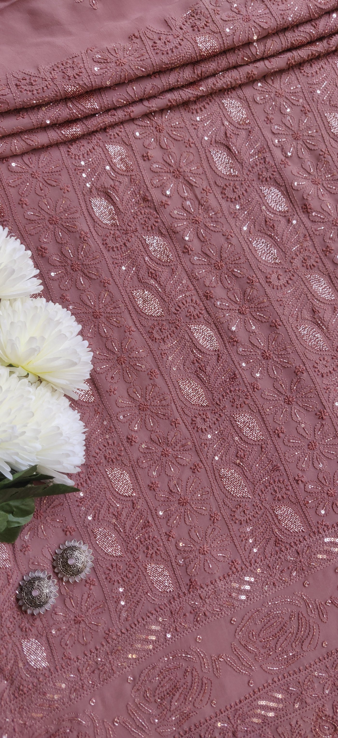 Chocolate Brown Pure Georgette Chikankari Kurta Dupatta Fabric