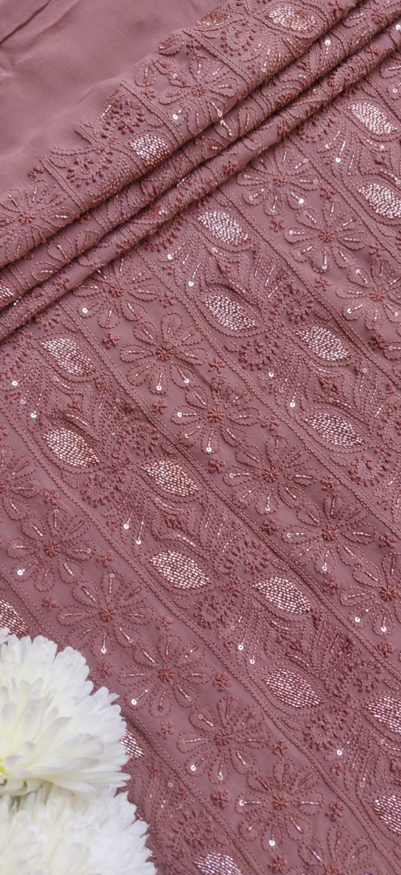 Chocolate Brown Pure Georgette Chikankari Kurta Dupatta Fabric