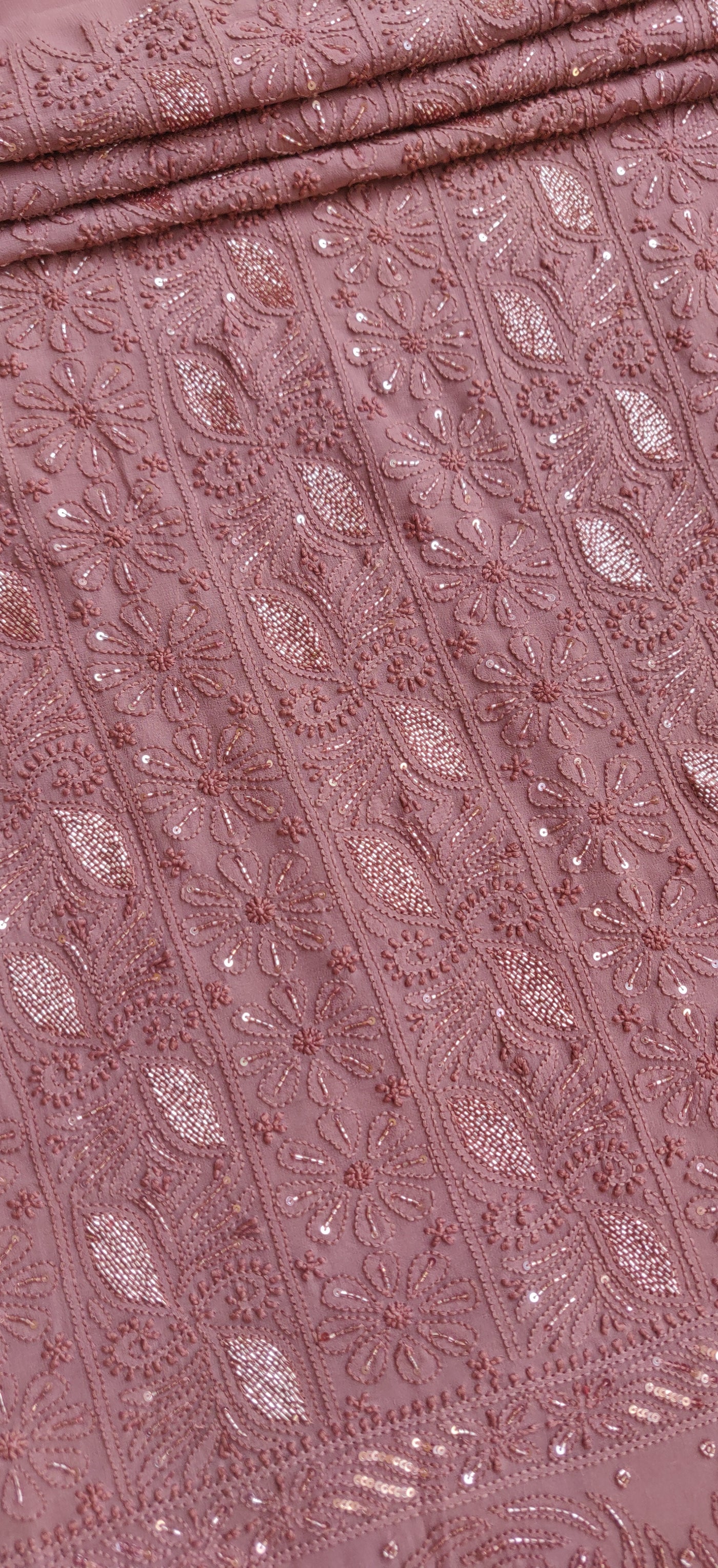 Chocolate Brown Pure Georgette Chikankari Kurta Dupatta Fabric