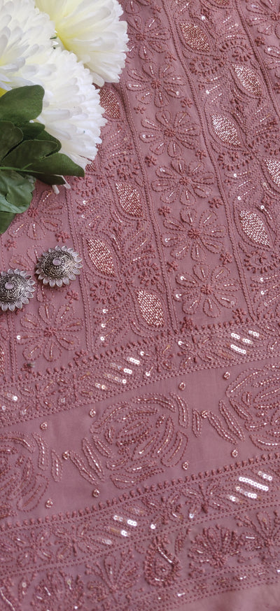 Chocolate Brown Pure Georgette Chikankari Kurta Dupatta Fabric