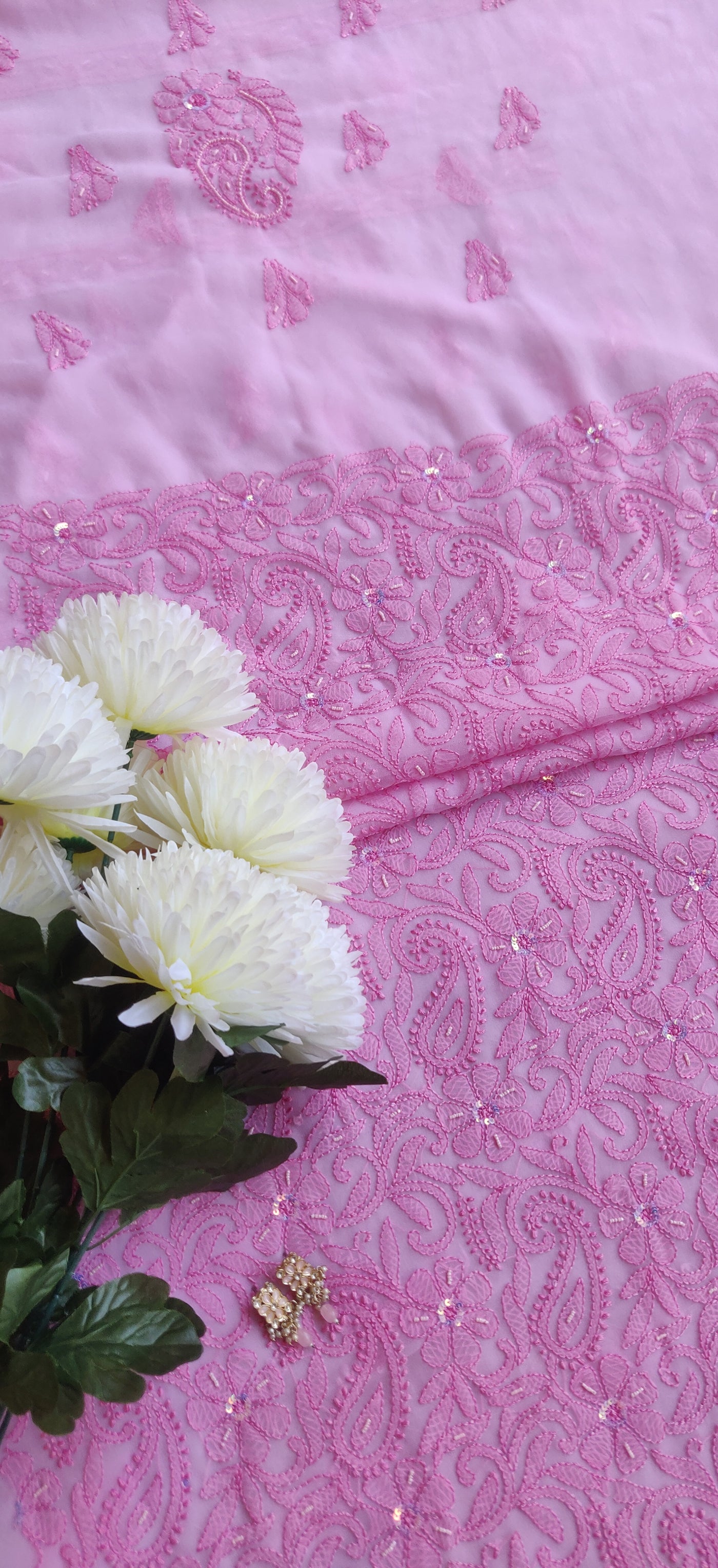 Pink Georgette Chikankari Kurta Dupatta Fabric