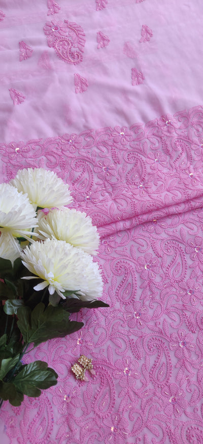 Pink Georgette Chikankari Kurta Dupatta Fabric