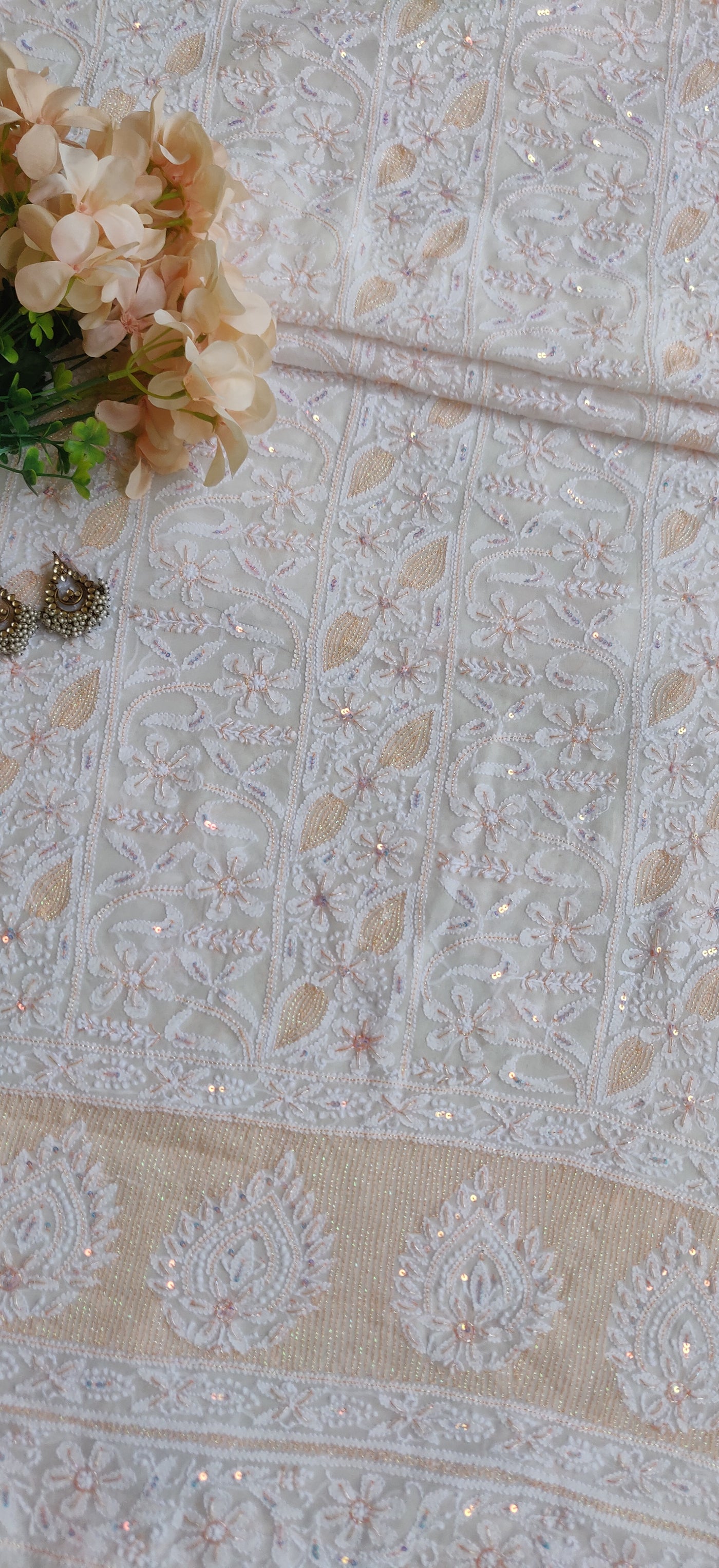 White Pure Georgette Chikankari Kurta Dupatta Fabric