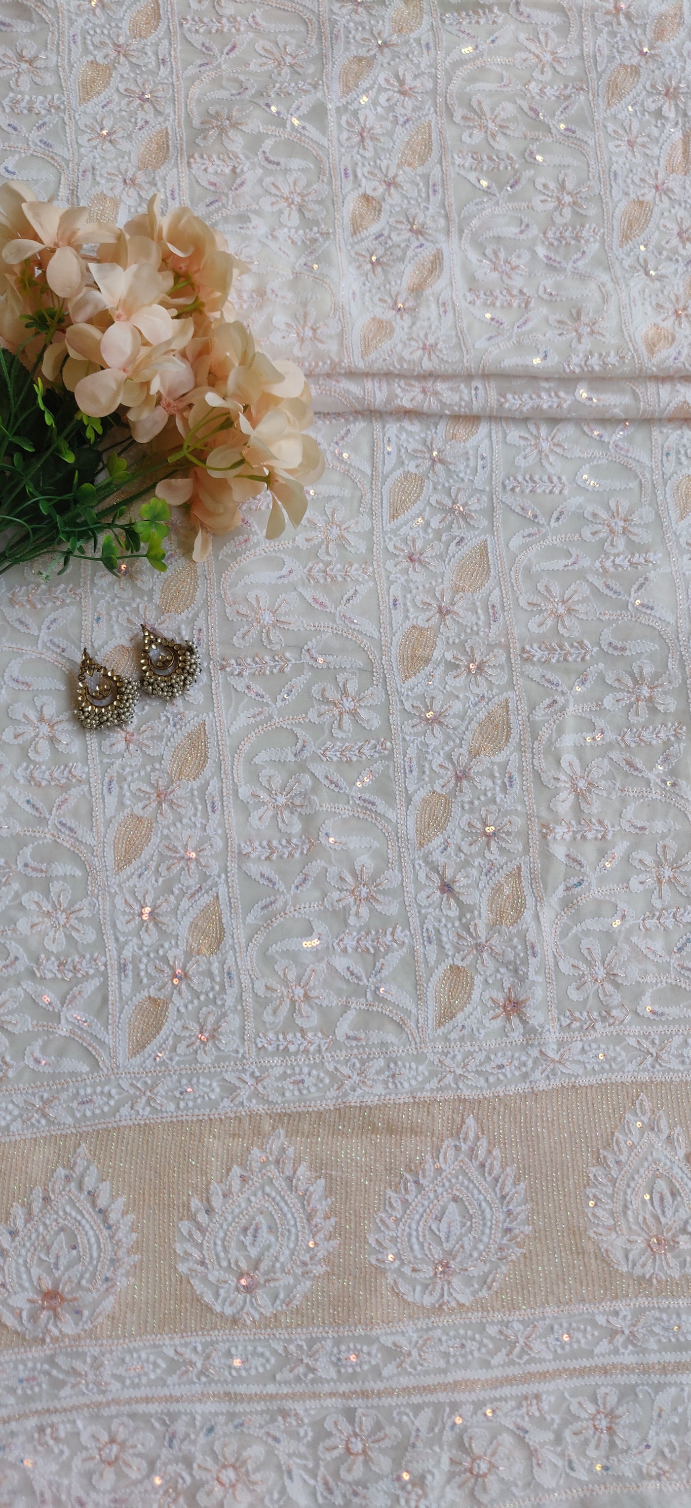 White Pure Georgette Chikankari Kurta Dupatta Fabric