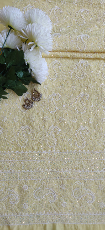 Yellow Cotton Chikankari Kurta Dupatta Fabric