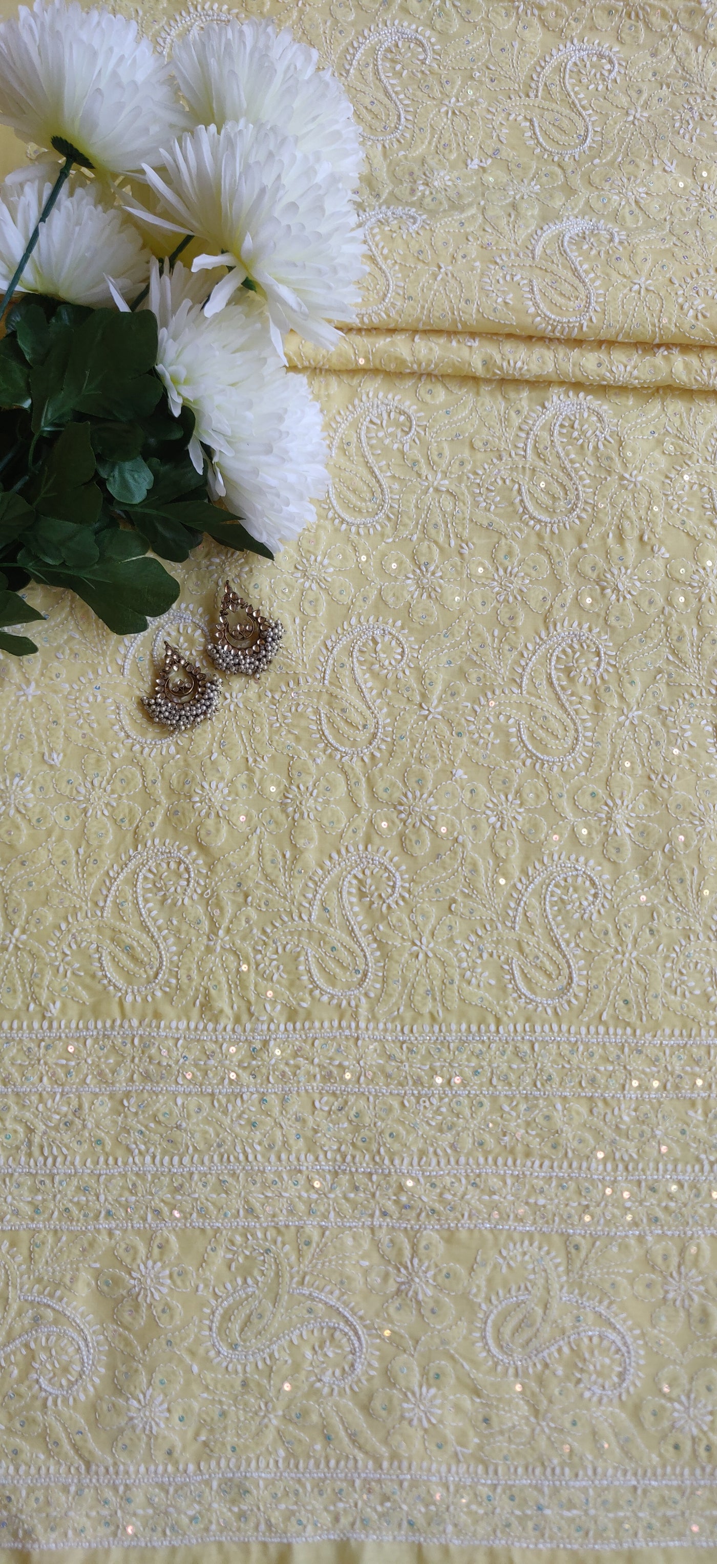 Yellow Cotton Chikankari Kurta Dupatta Fabric