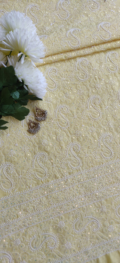 Yellow Cotton Chikankari Kurta Dupatta Fabric