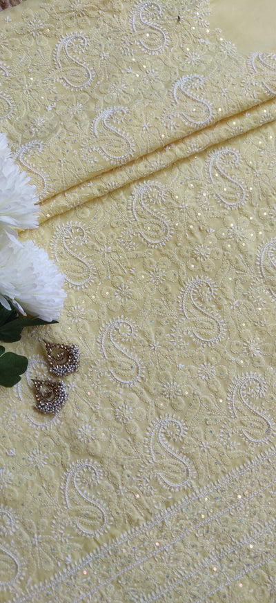 Yellow Cotton Chikankari Kurta Dupatta Fabric