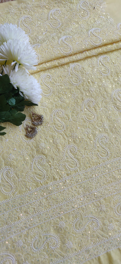 Yellow Cotton Chikankari Kurta Dupatta Fabric