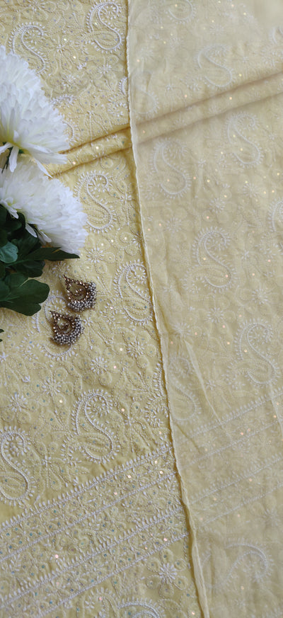 Yellow Cotton Chikankari Kurta Dupatta Fabric