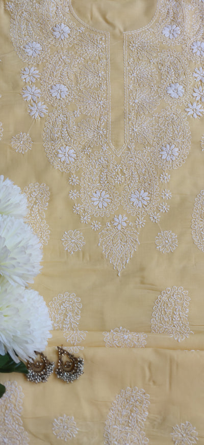 Yellow Cotton Chikankari Kurta Dupatta Fabric