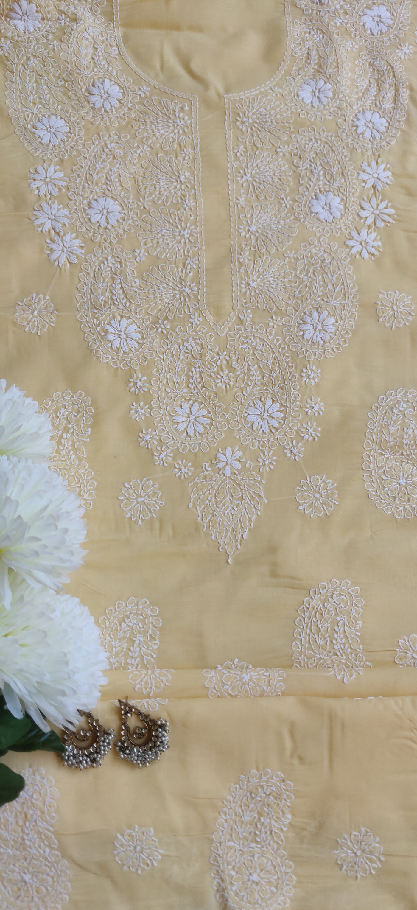 Yellow Cotton Chikankari Kurta Dupatta Fabric