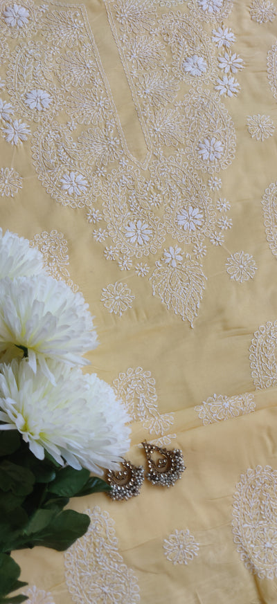 Yellow Cotton Chikankari Kurta Dupatta Fabric