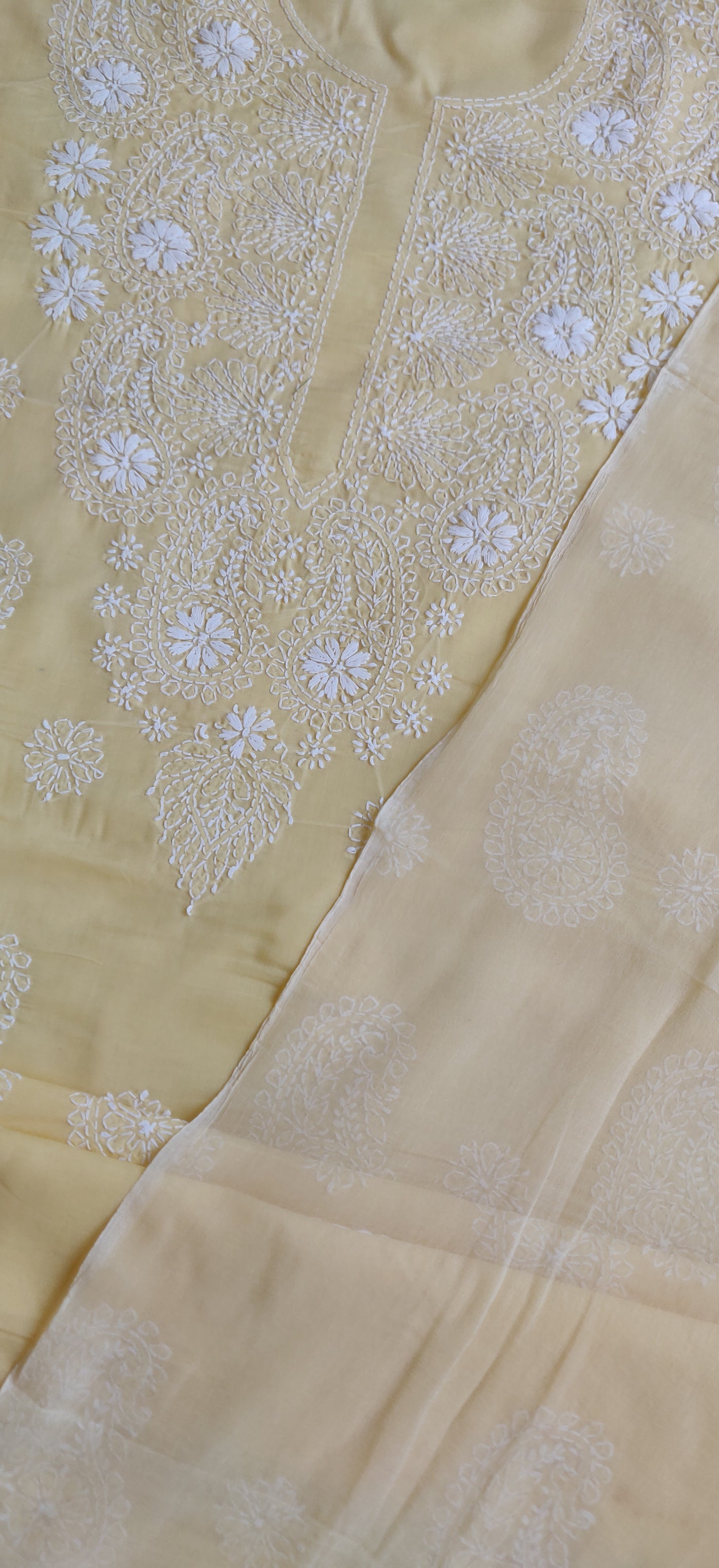 Yellow Cotton Chikankari Kurta Dupatta Fabric