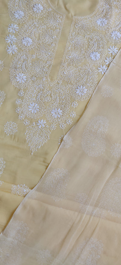 Yellow Cotton Chikankari Kurta Dupatta Fabric