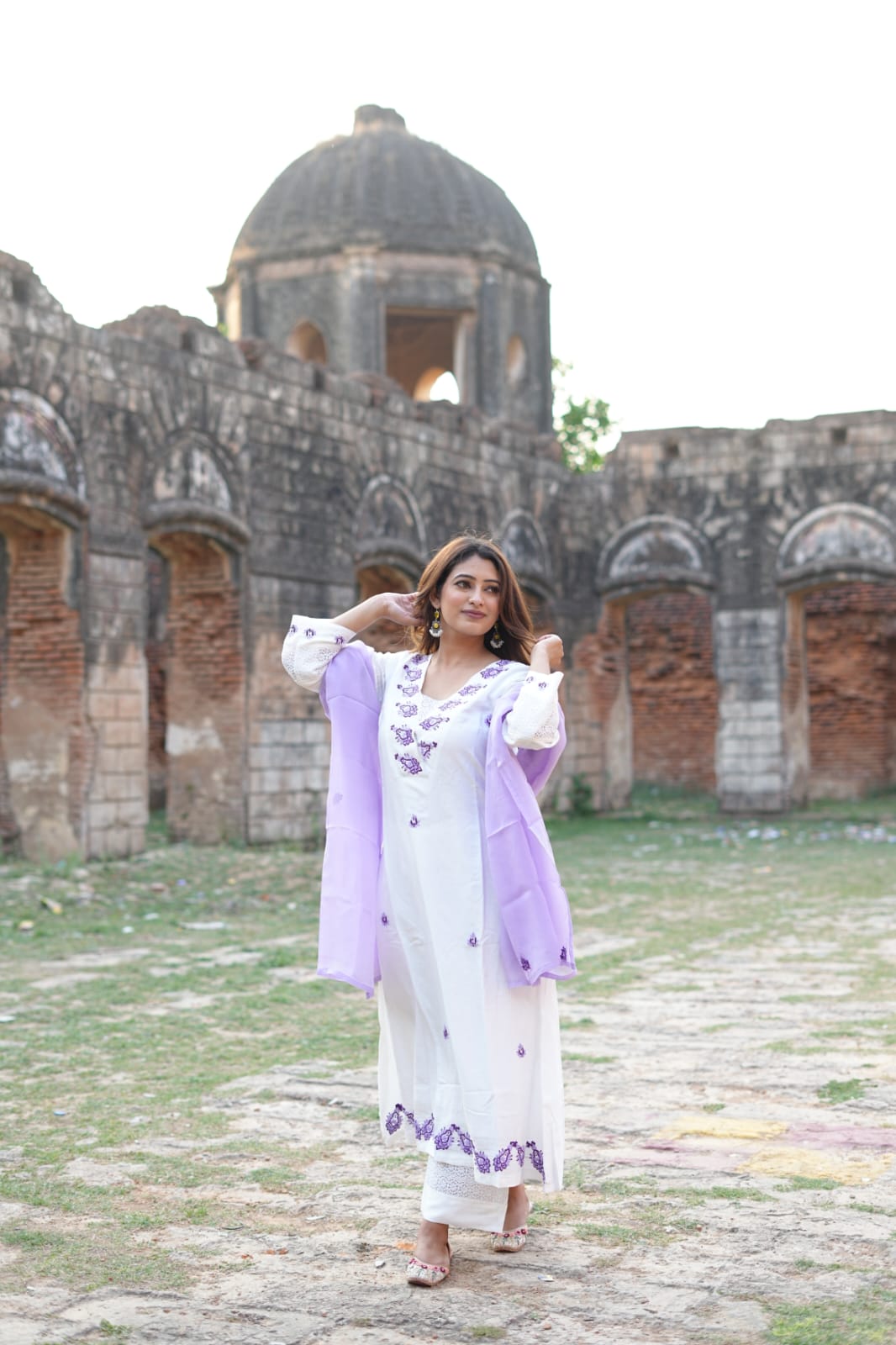 White Chanderi A Line Chikankari Suit Set