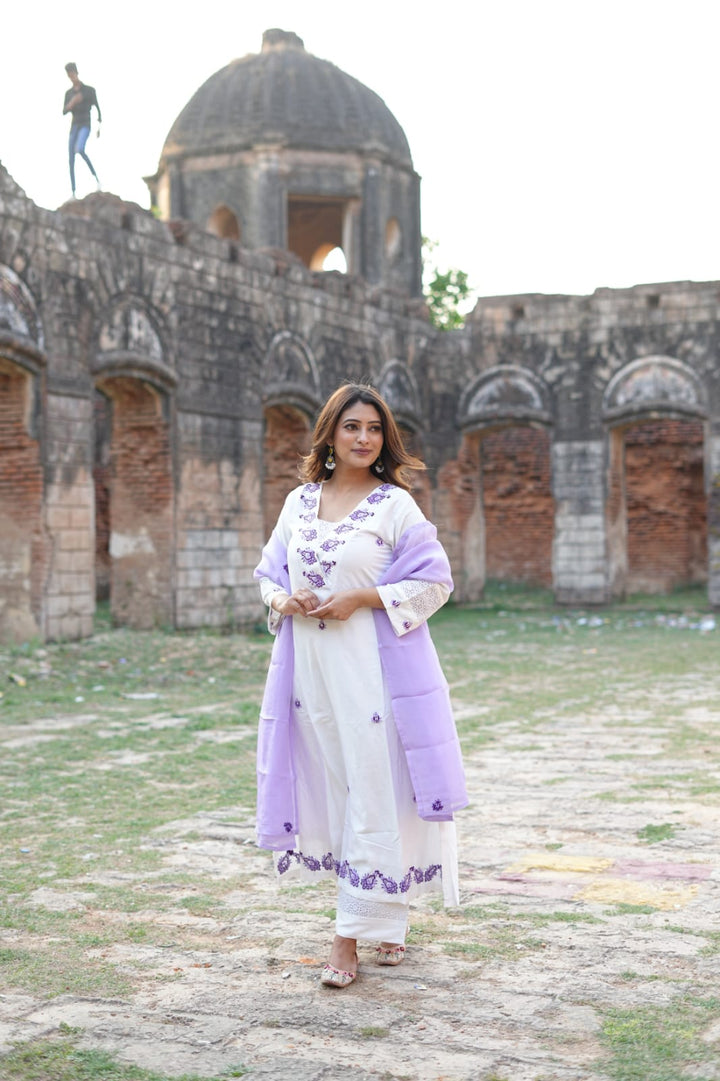 White Chanderi A Line Chikankari Suit Set