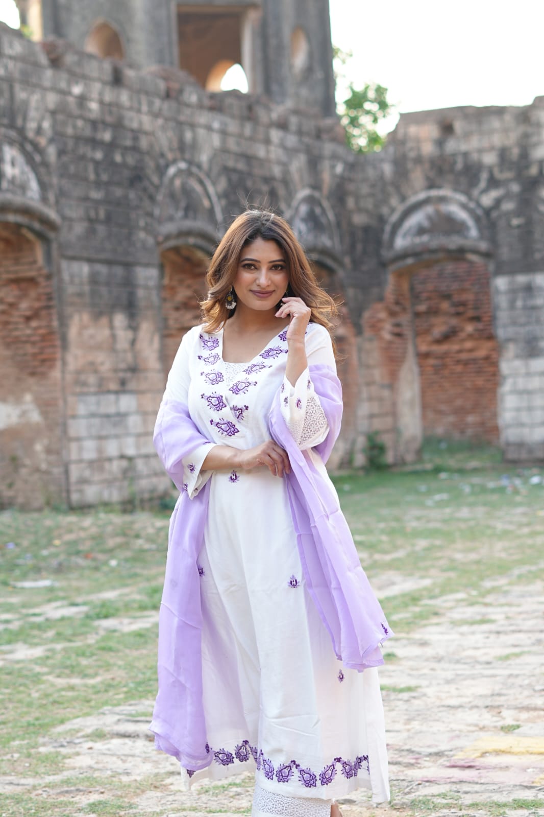 White Chanderi A Line Chikankari Suit Set