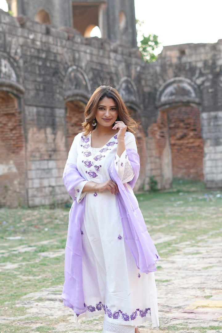 White Chanderi A Line Chikankari Suit Set