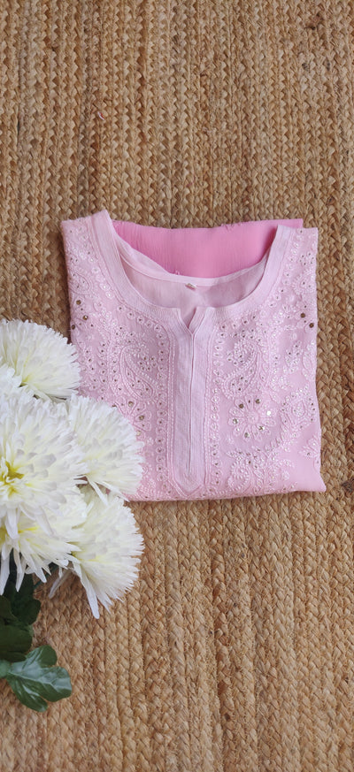 Pink Ombre Pure Georgette Chikankari Kurta-Custom Made