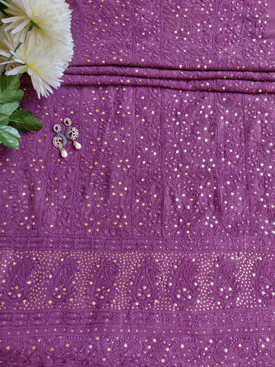 Wine Pure Georgette Chikankari Kurta Dupatta Fabric