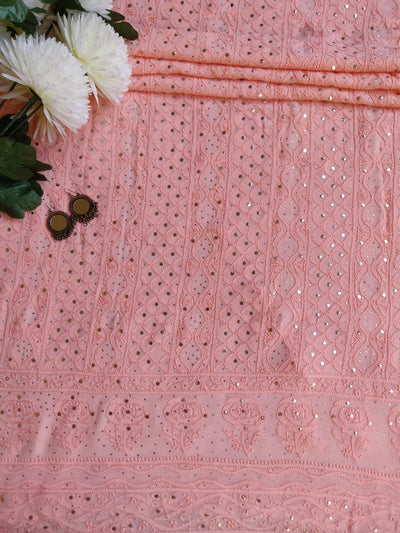 Peach Pure Georgette Chikankari Kurta Dupatta Fabric