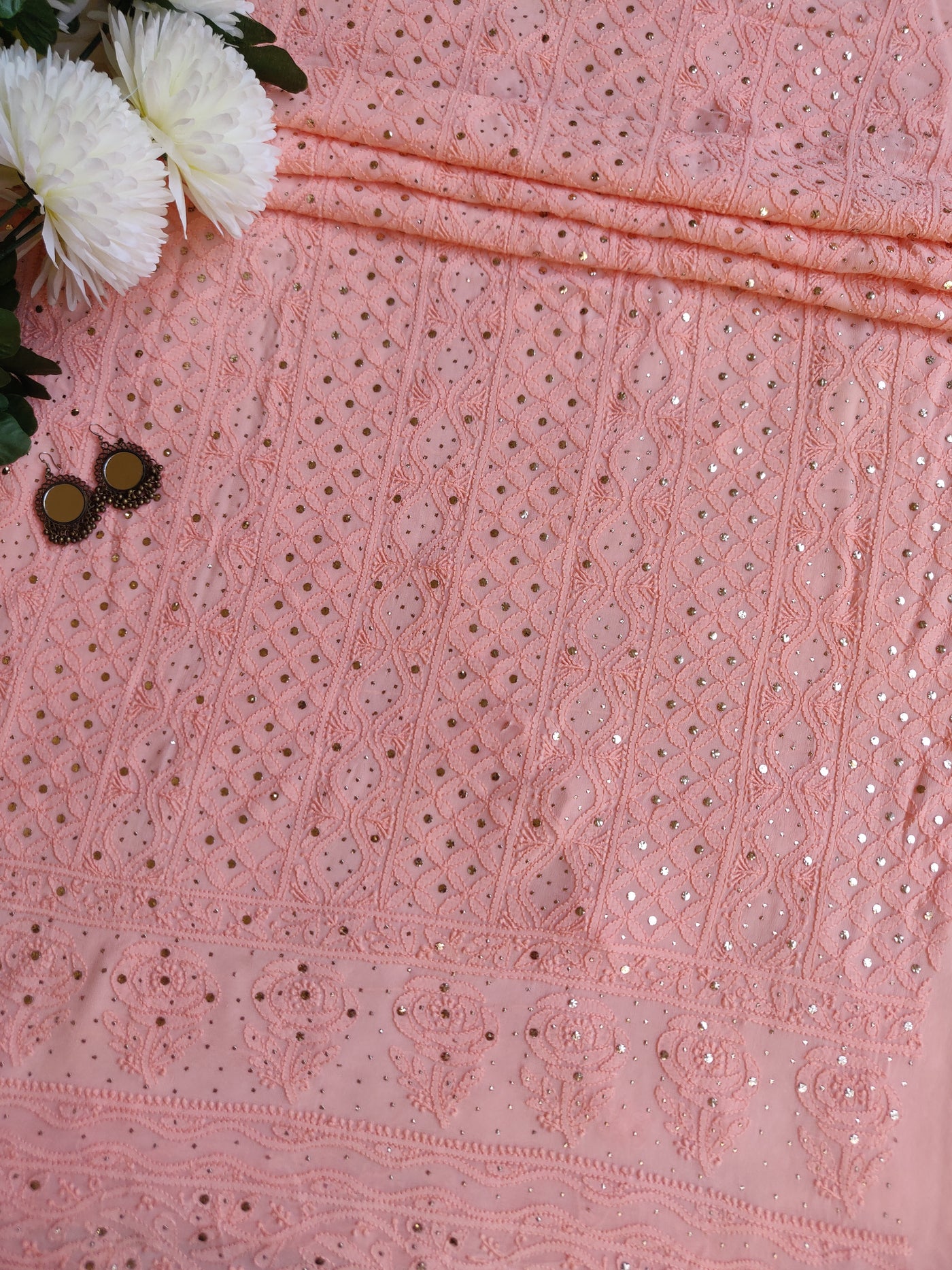 Peach Pure Georgette Chikankari Kurta Dupatta Fabric