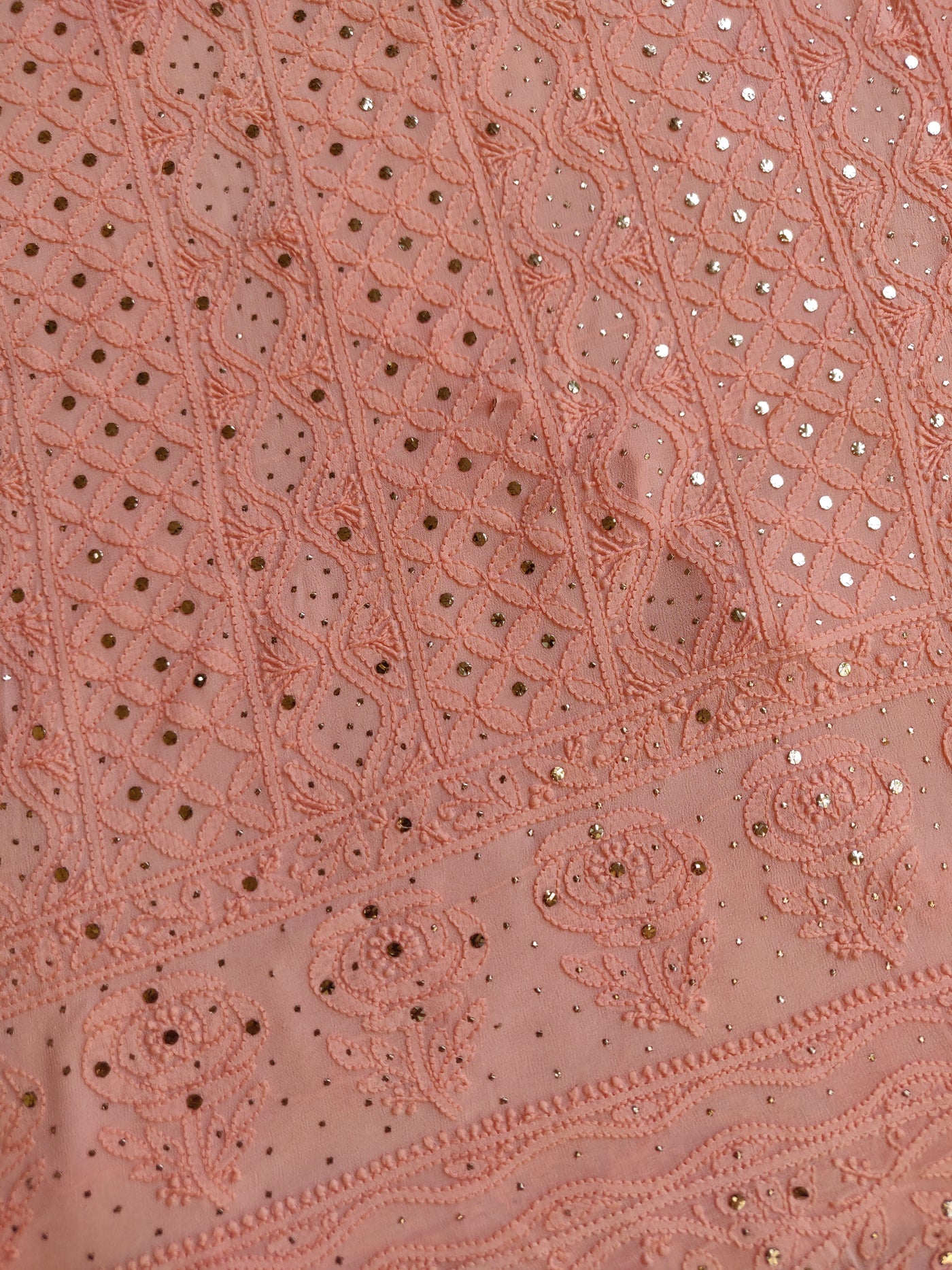 Peach Pure Georgette Chikankari Kurta Dupatta Fabric