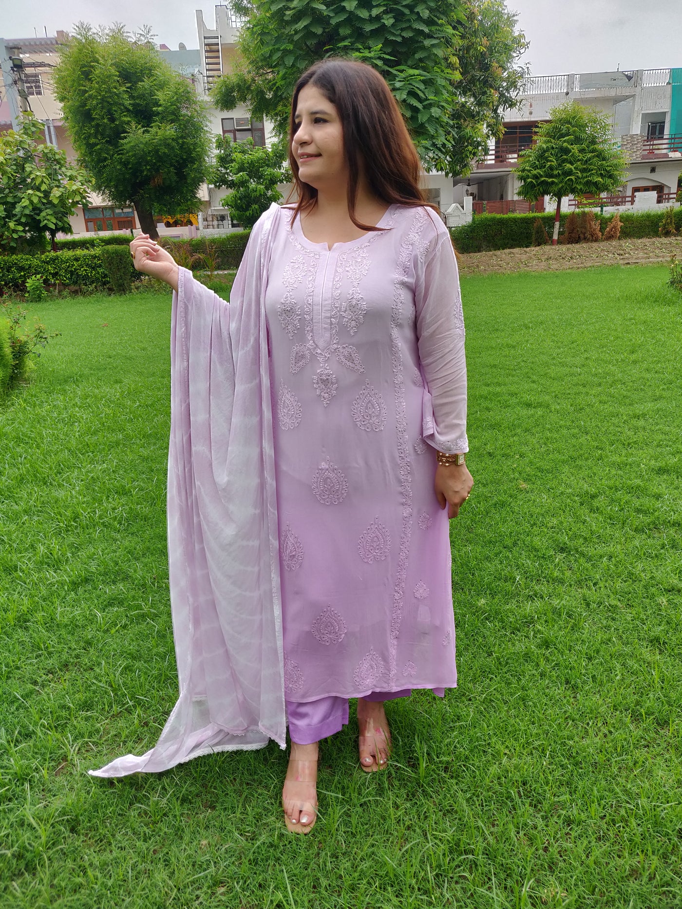 Lavender A-Line Pure Georgette Chikankari Kurta