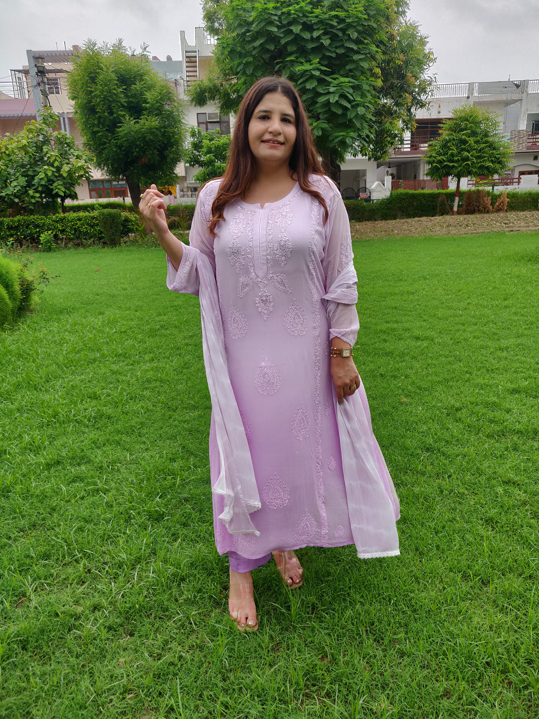 Lavender A-Line Pure Georgette Chikankari Kurta -Custom Made