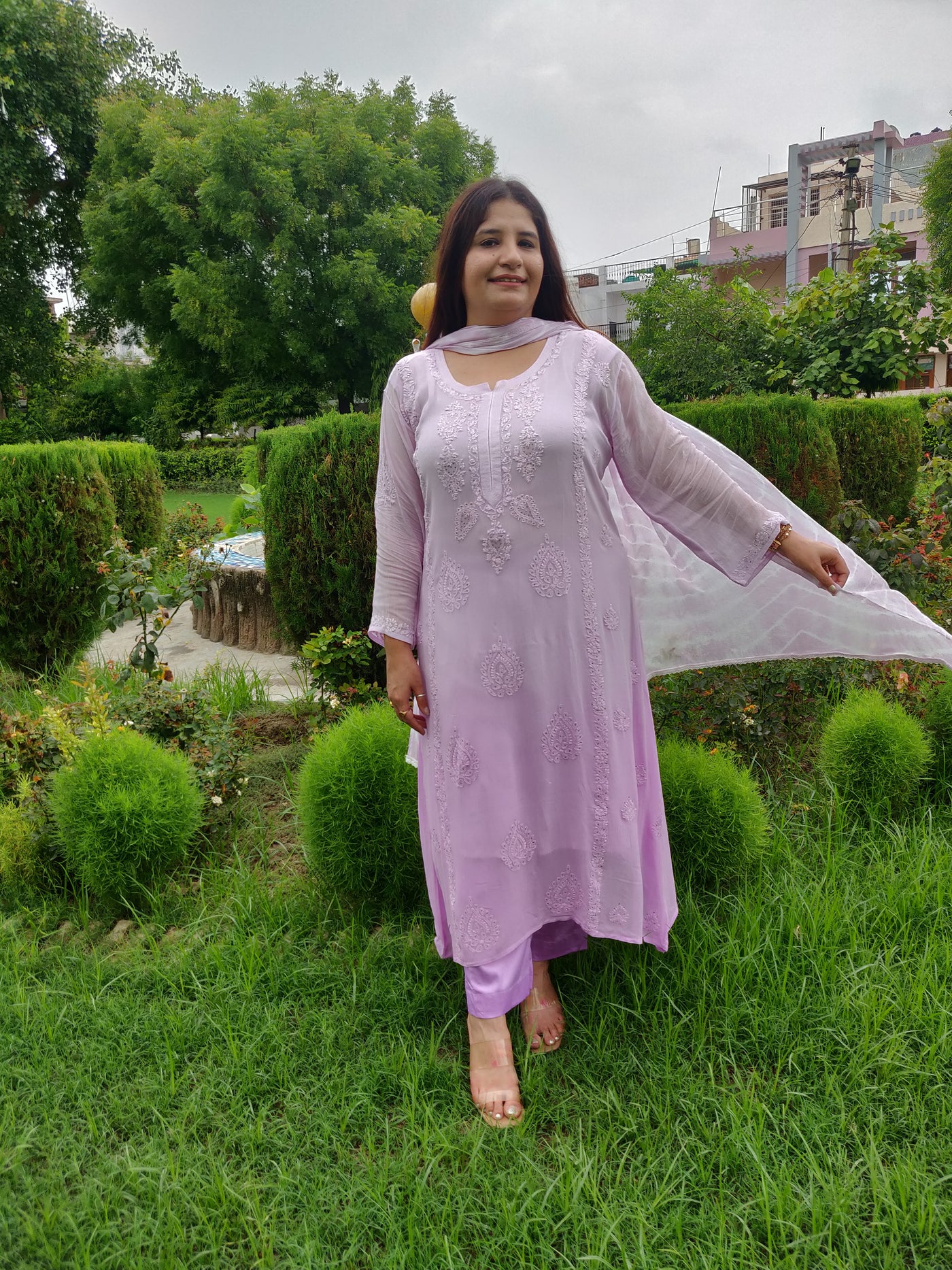 Lavender A-Line Pure Georgette Chikankari Kurta