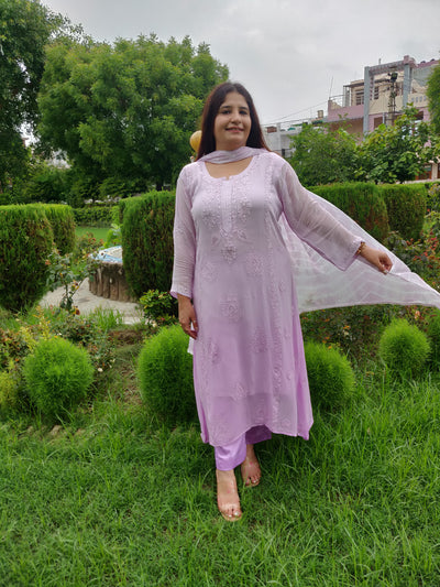 Lavender A-Line Pure Georgette Chikankari Kurta