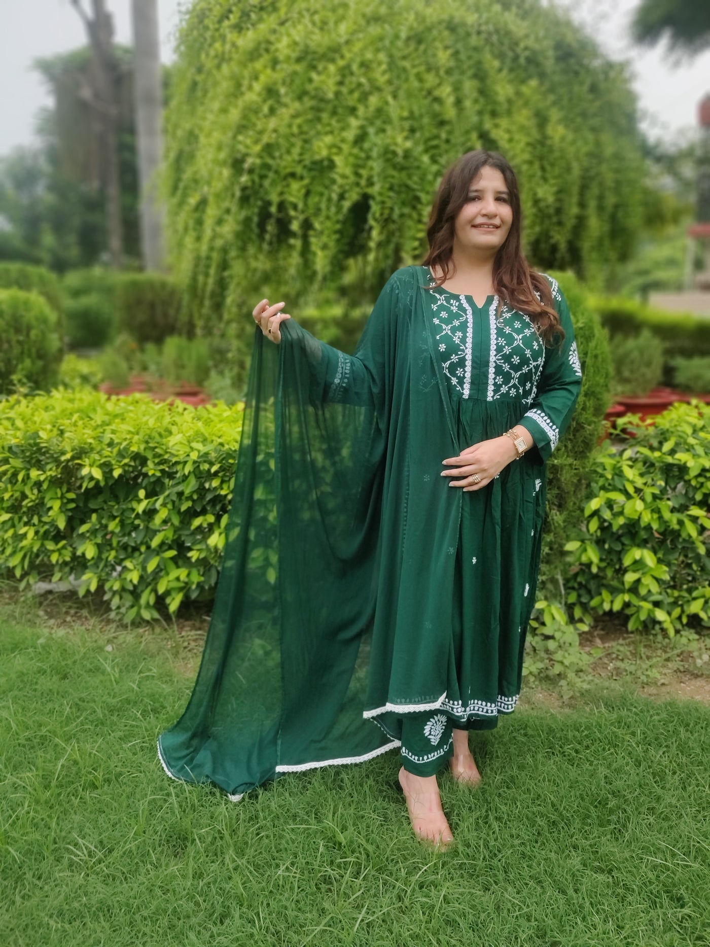 Green Rayon Chikankari A-Line Kurta Pant Set