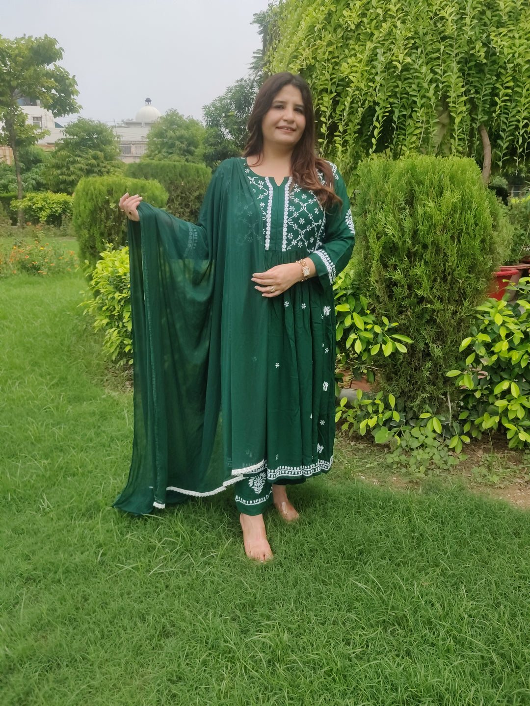 Green Rayon Chikankari A-Line Kurta with Pant Set-Custom Made