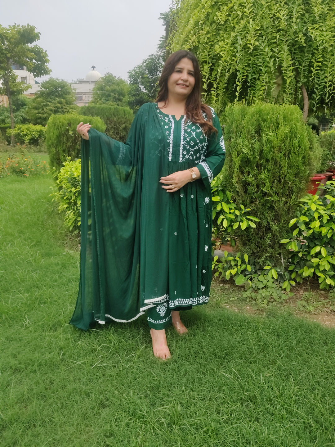 Green Rayon Chikankari A-Line Kurta with Pant Set-Custom Made