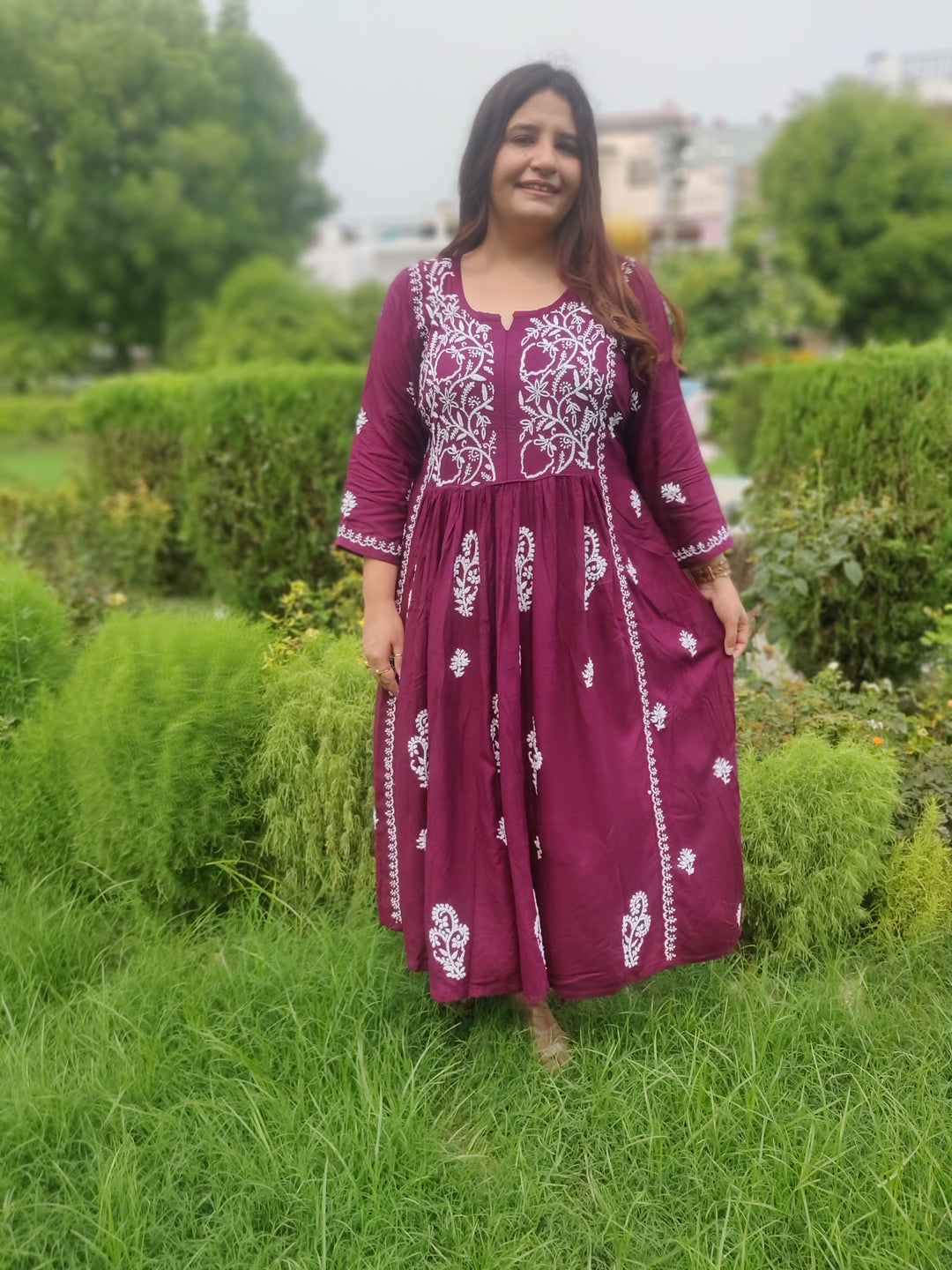 Wine Rayon Chikankari A-Line Kurta Pant Set