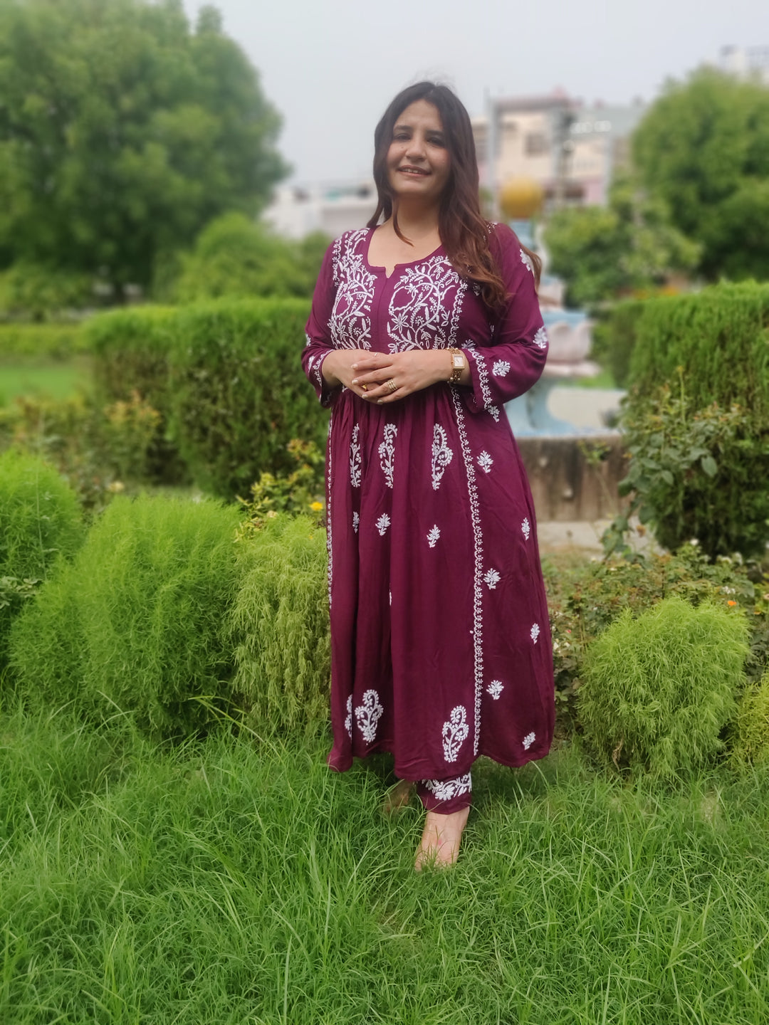 Wine Rayon Chikankari A-Line Kurta Pant Set