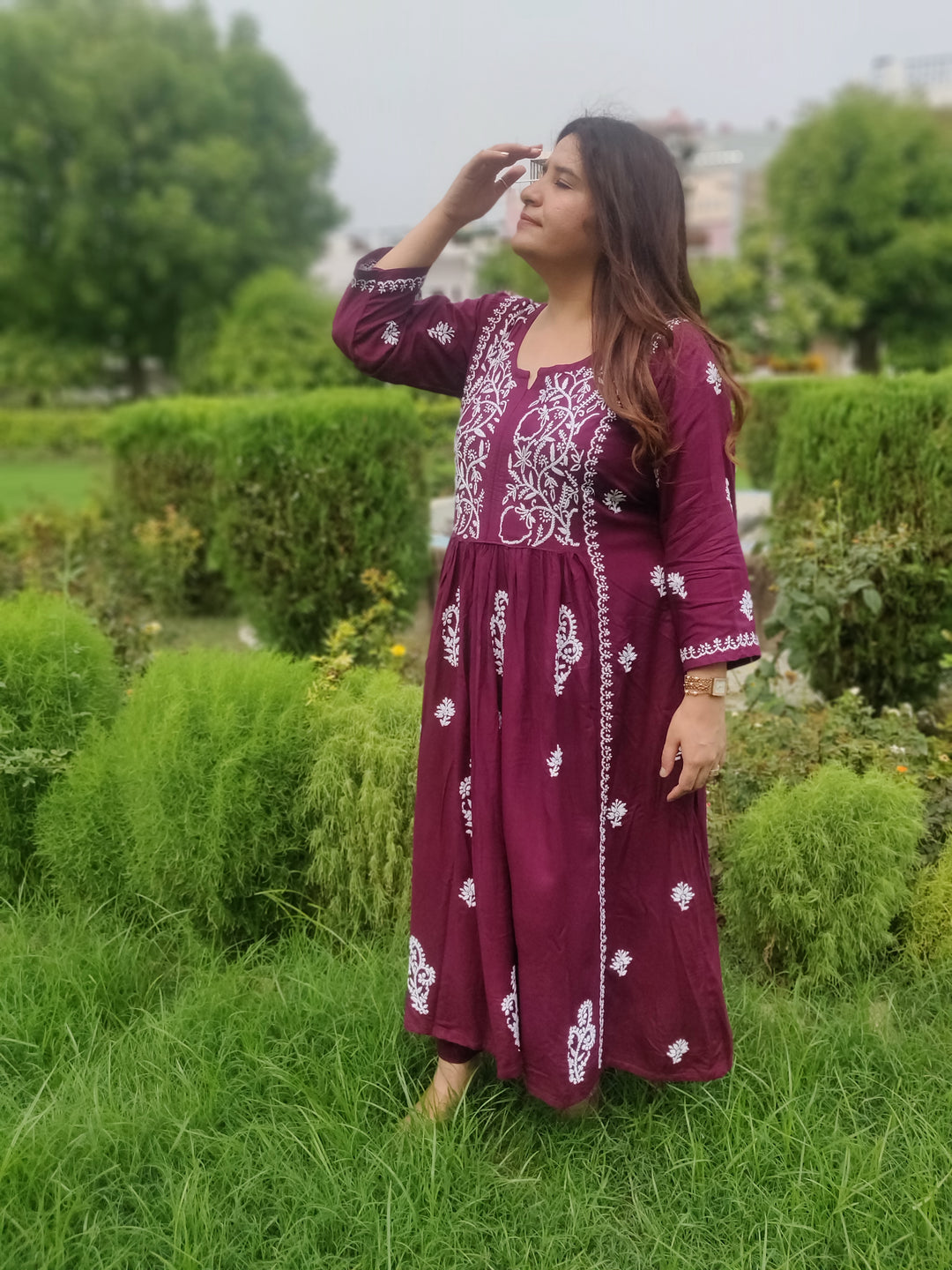 Wine Rayon Chikankari A-Line Kurta Pant Set